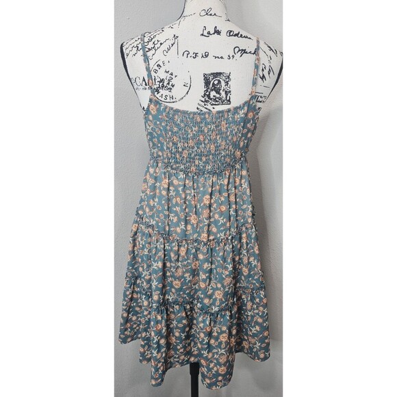 Bloomfield A-Line Floral Teal Brown Cream Spaghetti Strap Ruffled Sundress Large - Picture 4 of 12